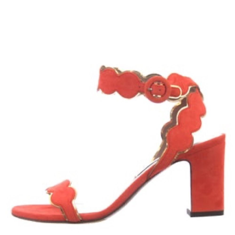 Revolve Tabitha Simmons Orange Suede Leather Scalloped Sandals Block Heels